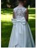 Ivory Satin Lace Pearl Buttons Back Classic Flower Girl Dress